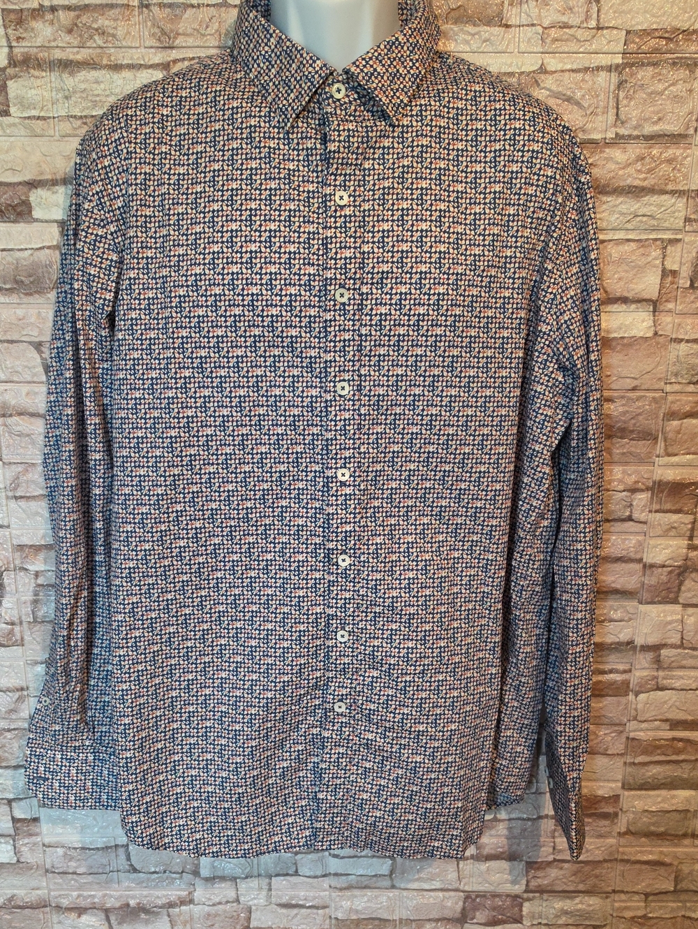 Bugatchi Shaped Fit Men's Long-Sleeve Button-Down Shirt - Blue Orange Pattern